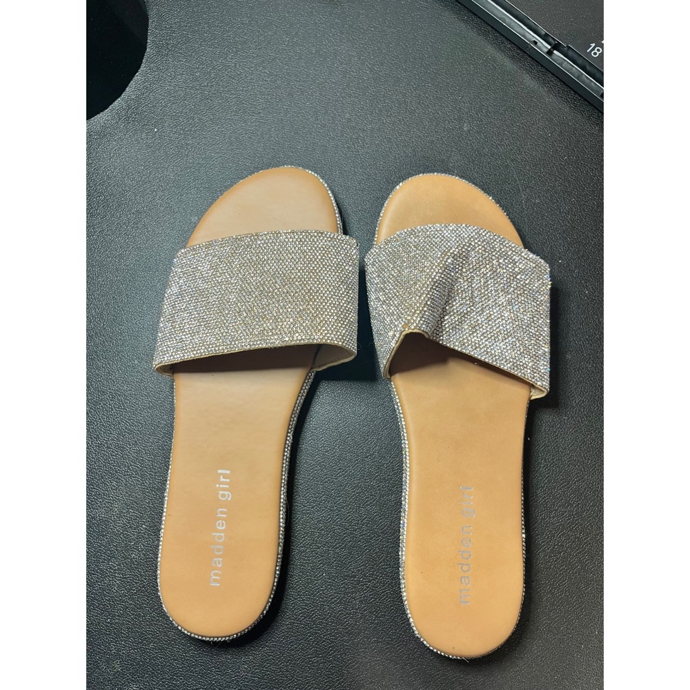 Madden Girl Liza Rhinestone‎ Slide Sandals Silver Champagne Sparkle Flat 7M